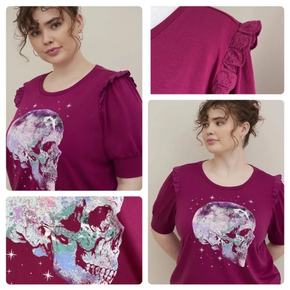 Torrid 5 Skull Purple Graphic French Terry Short Sleeve Sweatshirt 5X 28 NWT - Picture 1 of 12
